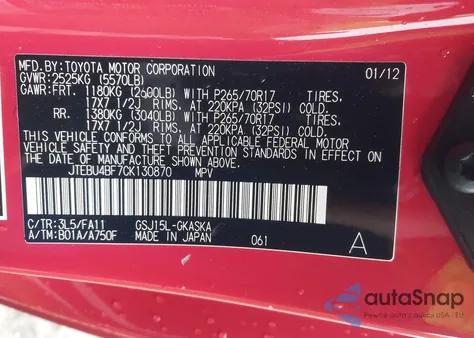 2012 Toyota Fj Cruiser z USA, uszkodzony, nr VIN JTEBU4BF7CK130870